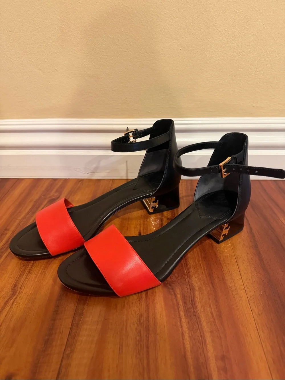 Tory Burch Black & Red Ankle-Strap Block Heel Sandals